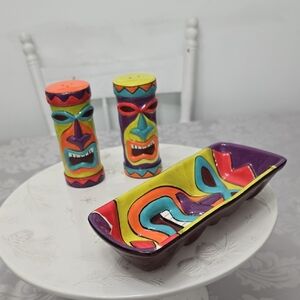 Set Of 3 Tiki Clay Art CA 2 Shakers 1 Nuts Chips Party Bowl